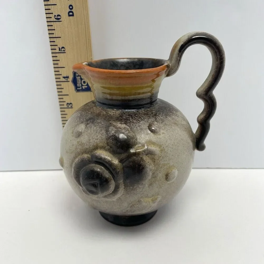 Ceramic Pitcher Brown Orange Flower Handle Decorative Made In Germany Small